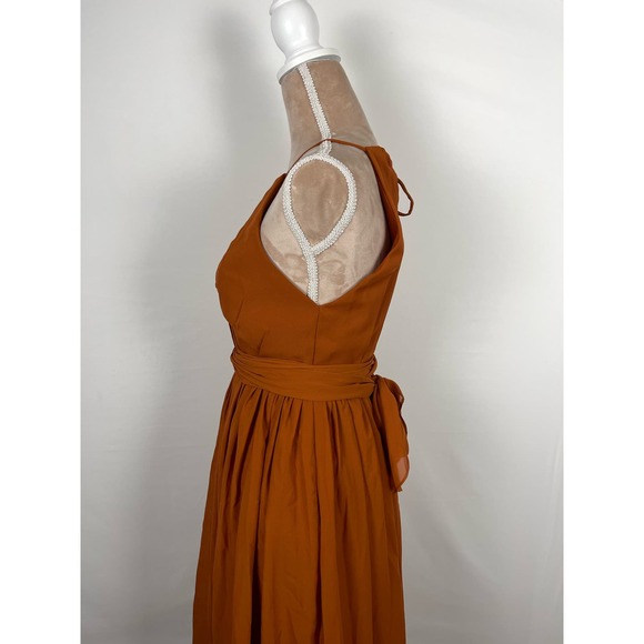 SOLD High Neck Chiffon Long Bridesmaid Dress Burnt Orange Chiffon Waist Tie - Picture 6 of 12